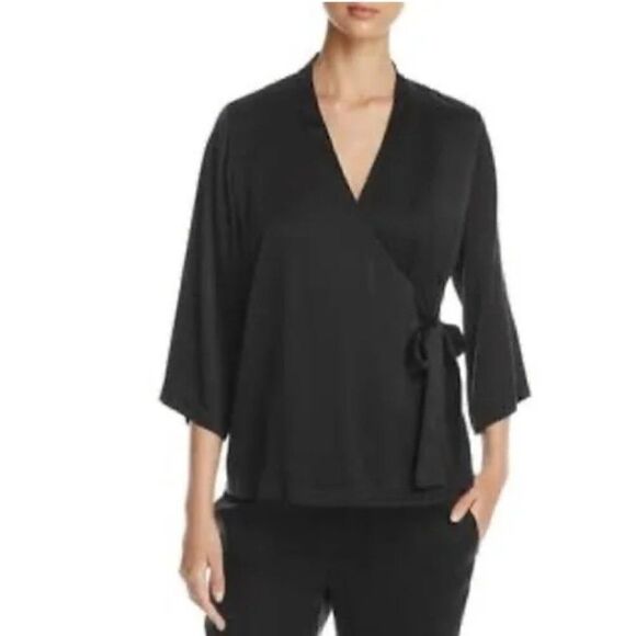 Eileen Fisher Silk Blend V-Neck Black Wrap Top Size PP/PTP - Picture 1 of 11